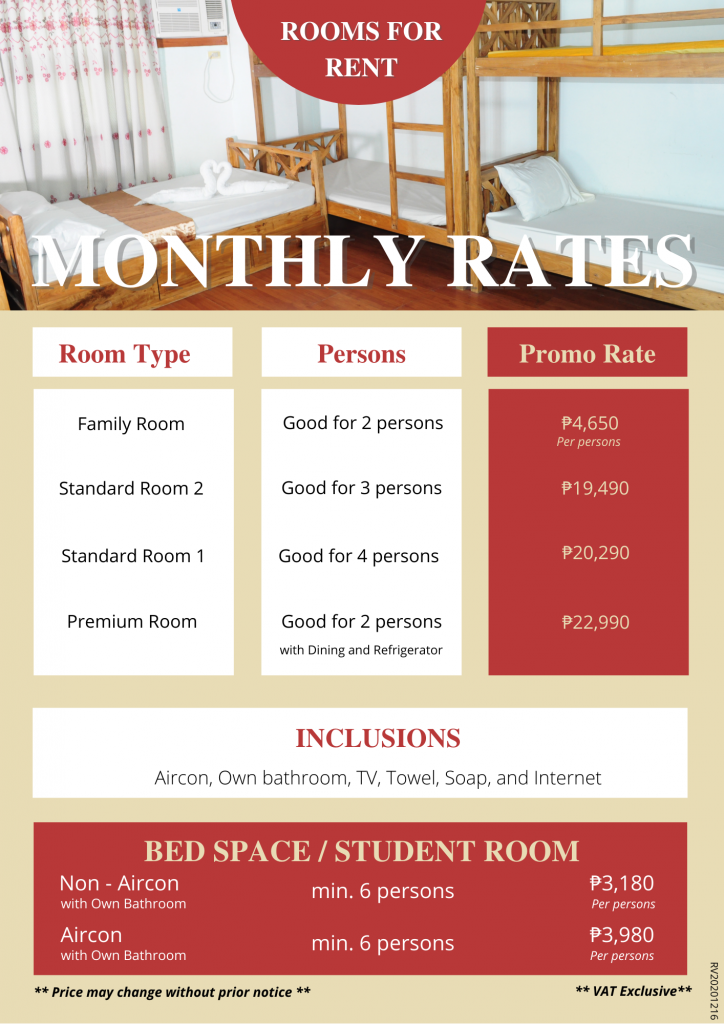 Price List - Rooms for Rent-Accommodation-Daily-Monthly